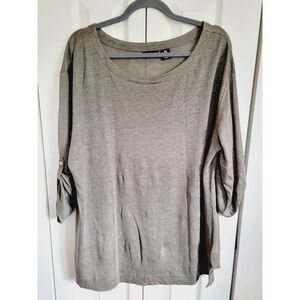 Adrienne Vittadini 1X Olive Linen T-Shirt Side Slits Roll Tab Slvs Back‎ Buttons